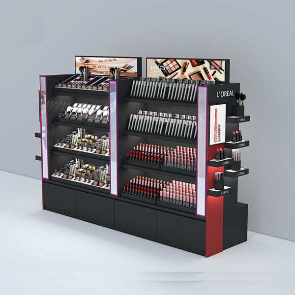 Customized Double-sided Makeup Island Display Shelf for Duty-free Shops Showcasing Cosmetics and Beauty Products