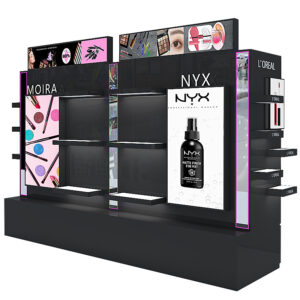 26J127-3-005 Customized Double-sided Makeup Island Display Shelf for Duty-free Shops Showcasing Cosmetics and Beauty Products