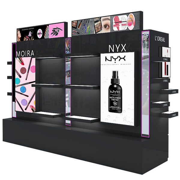 Customized Double-sided Makeup Island Display Shelf for Duty-free Shops Showcasing Cosmetics and Beauty Products