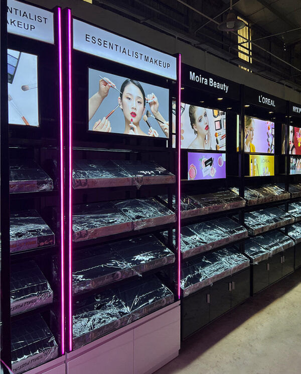 Customized Double-sided Makeup Island Display Shelf for Duty-free Shops Showcasing Cosmetics and Beauty Products