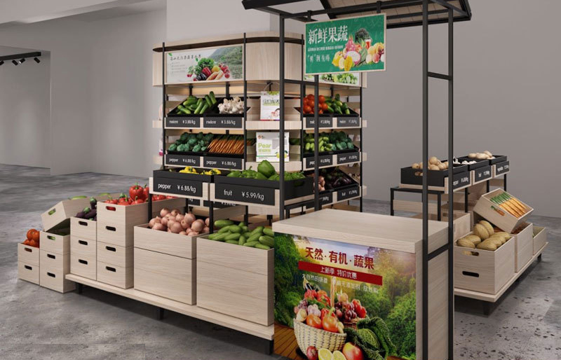 Wholesale Factory Fresh Food Fruit and Vegetable Display Shelf Double-sided Island Display Rack Supermarket Cabinet