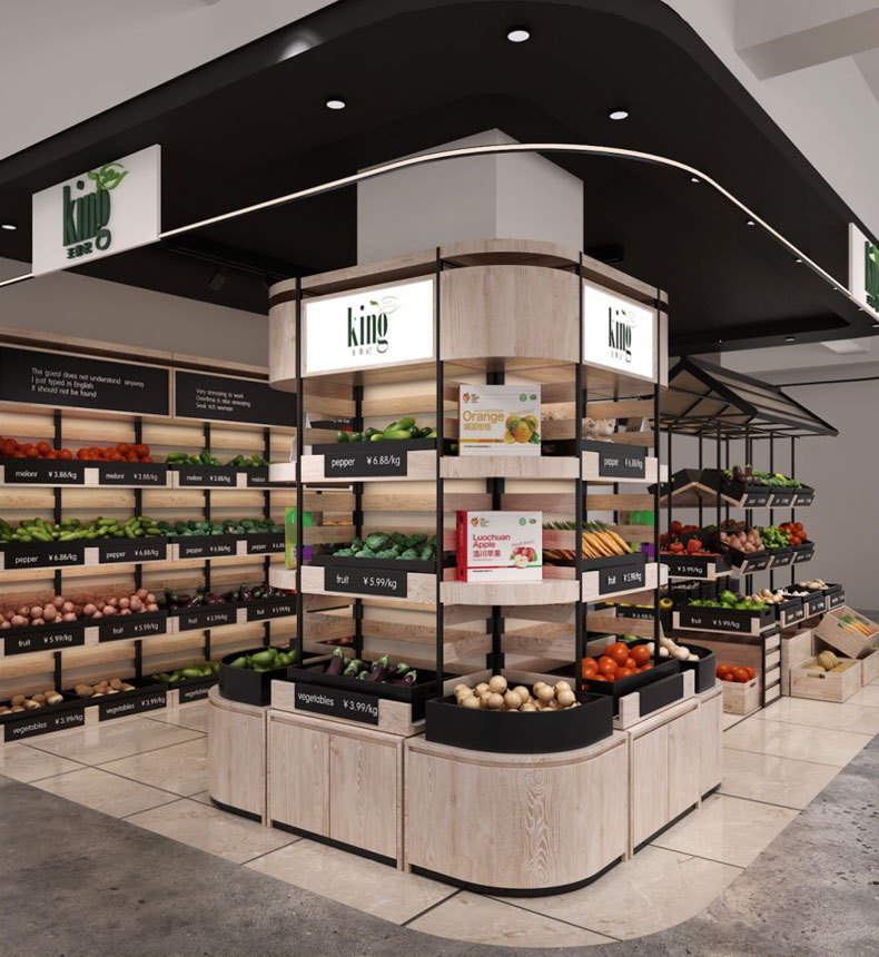 Wholesale Factory Fresh Food Fruit and Vegetable Display Shelf Double-sided Island Display Rack Supermarket Cabinet