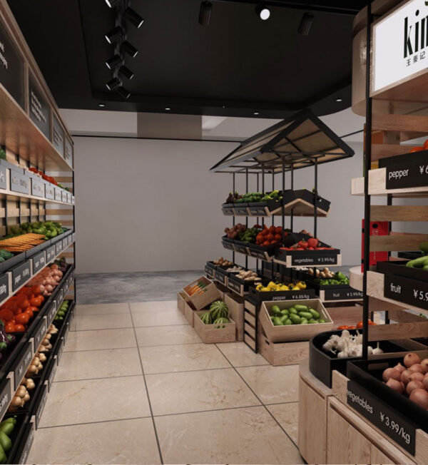 Wholesale Factory Fresh Food Fruit and Vegetable Display Shelf Double-sided Island Display Rack Supermarket Cabinet