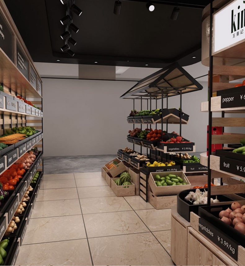 Wholesale Factory Fresh Food Fruit and Vegetable Display Shelf Double-sided Island Display Rack Supermarket Cabinet
