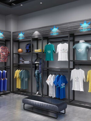 Hot Custom Modern Sports Rack Display Fashionable Retail Sneaker Shop Furniture Decoration Trendy Sport Shop Interior Design