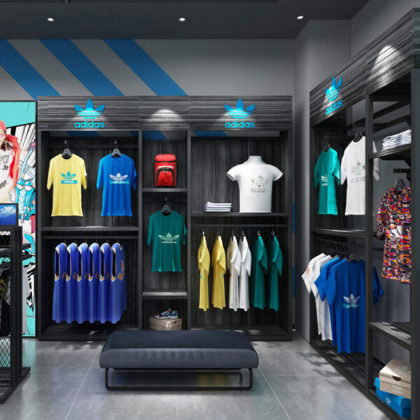 Hot Custom Modern Sports Rack Display Fashionable Retail Sneaker Shop Furniture Decoration Trendy Sport Shop Interior Design