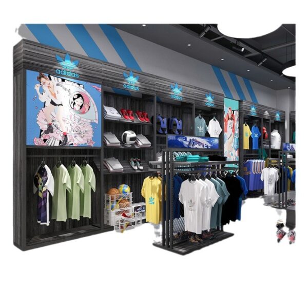 Hot Custom Modern Sports Rack Display Fashionable Retail Sneaker Shop Furniture Decoration Trendy Sport Shop Interior Design