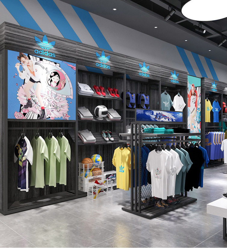 Hot Custom Modern Sports Rack Display Fashionable Retail Sneaker Shop Furniture Decoration Trendy Sport Shop Interior Design