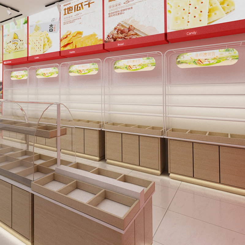 Shop Design Custom Dried Fruit Fried Shelf Supermarket Snacks Candy Cake Display Cabinet Nut Island Display Cabinets