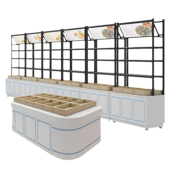 Shop Design Custom Dried Fruit Fried Shelf Supermarket Snacks Candy Cake Display Cabinet Nut Island Display Cabinets