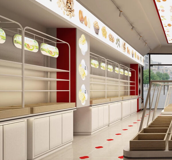 Shop Design Custom Dried Fruit Fried Shelf Supermarket Snacks Candy Cake Display Cabinet Nut Island Display Cabinets