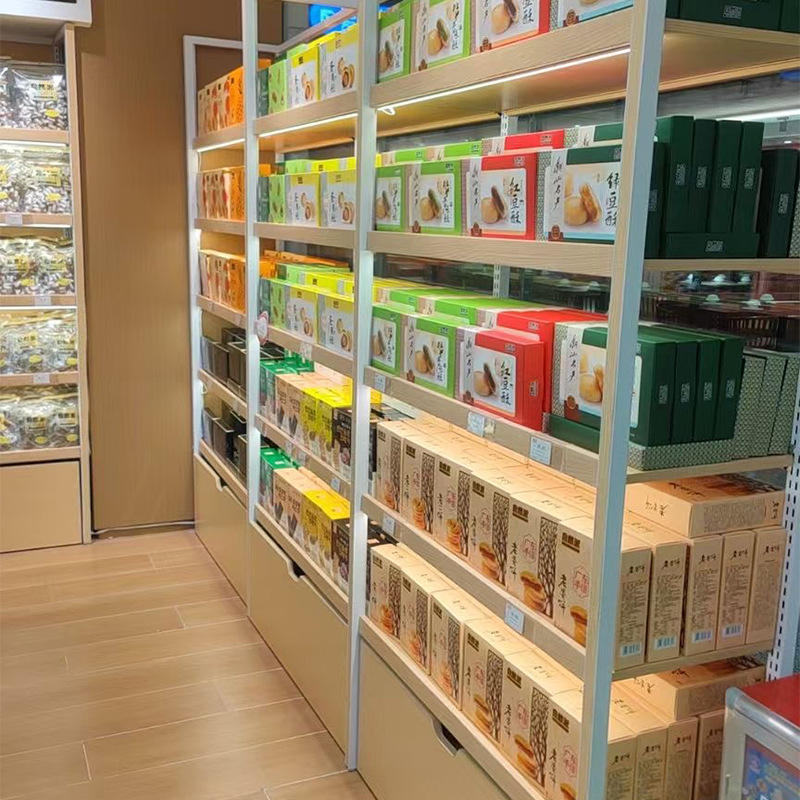 Custom Steel Wood Boutique High-end Snacks Display Shelves Supermarket Convenience Store Shelves Display Rack