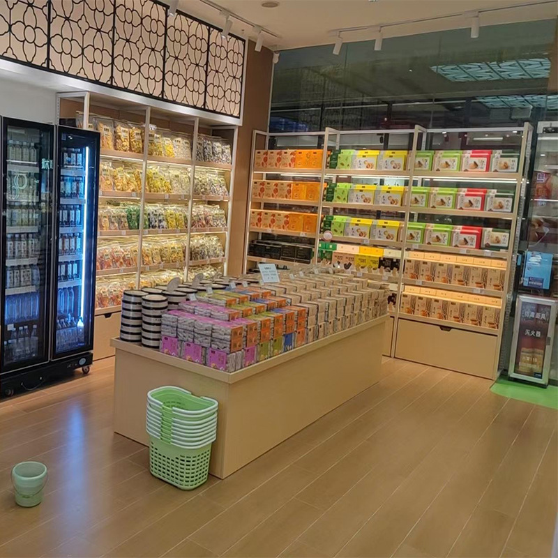 Custom Steel Wood Boutique High-end Snacks Display Shelves Supermarket Convenience Store Shelves Display Rack