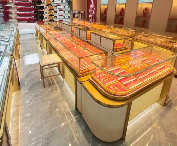 Custom Shopping Mall High-end Luxury Gold Jewelry Display Cabinet Stainless Steel Baking Paint Antique Jade Lamp Shop Fitting