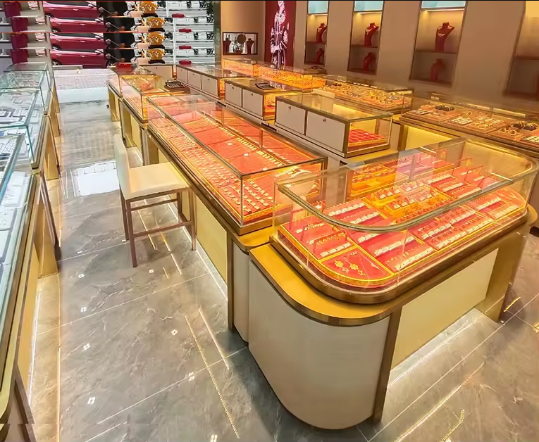 Custom Shopping Mall High-end Luxury Gold Jewelry Display Cabinet Stainless Steel Baking Paint Antique Jade Lamp Shop Fitting