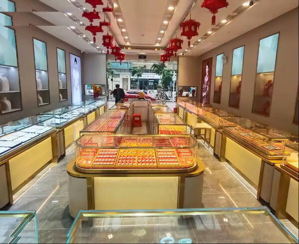 Custom Shopping Mall High-end Luxury Gold Jewelry Display Cabinet Stainless Steel Baking Paint Antique Jade Lamp Shop Fitting