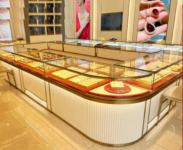 Custom Shopping Mall High-end Luxury Gold Jewelry Display Cabinet Stainless Steel Baking Paint Antique Jade Lamp Shop Fitting