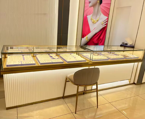 Custom Shopping Mall High-end Luxury Gold Jewelry Display Cabinet Stainless Steel Baking Paint Antique Jade Lamp Shop Fitting