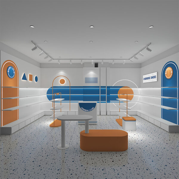 Custom Children's Shoe Display Cabinet for Shoe Stores Colorful Shaped Arc Design Floor-Standing Painted Display Shelf Showcases