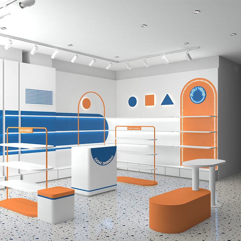Custom Children's Shoe Display Cabinet for Shoe Stores Colorful Shaped Arc Design Floor-Standing Painted Display Shelf Showcases