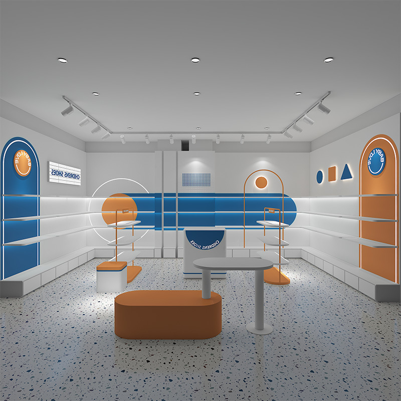 Custom Children's Shoe Display Cabinet for Shoe Stores Colorful Shaped Arc Design Floor-Standing Painted Display Shelf Showcases