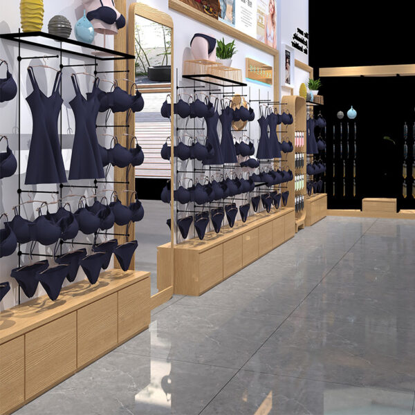 Custom Lingerie Display Cabinet Curved Design Natural Wood Color Lacquered Sleepwear Clothing Shelves