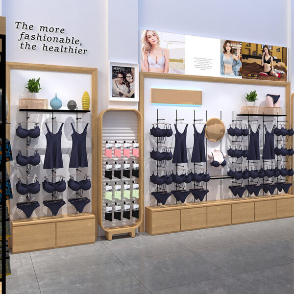 Custom Lingerie Display Cabinet Curved Design Natural Wood Color Lacquered Sleepwear Clothing Shelves