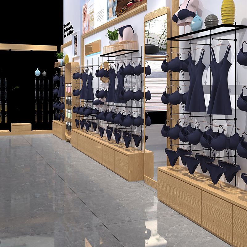 Custom Lingerie Display Cabinet Curved Design Natural Wood Color Lacquered Sleepwear Clothing Shelves