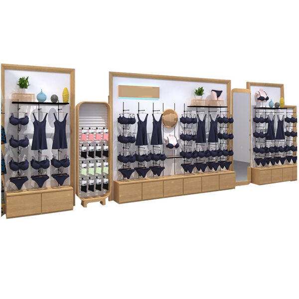 Custom Lingerie Display Cabinet Curved Design Natural Wood Color Lacquered Sleepwear Clothing Shelves