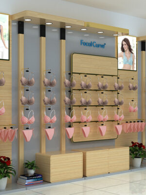 Underwear & Bra Display Cabinet with Curved Design Original Wood Color Baking Finish for Exhibition Shops and Clothing Stores