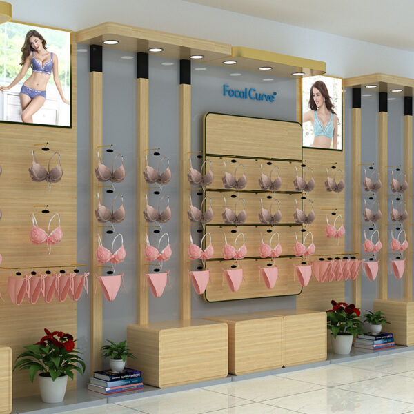 Underwear & Bra Display Cabinet with Curved Design Original Wood Color Baking Finish for Exhibition Shops and Clothing Stores
