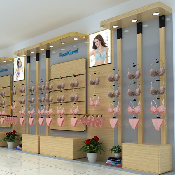 Underwear & Bra Display Cabinet with Curved Design Original Wood Color Baking Finish for Exhibition Shops and Clothing Stores