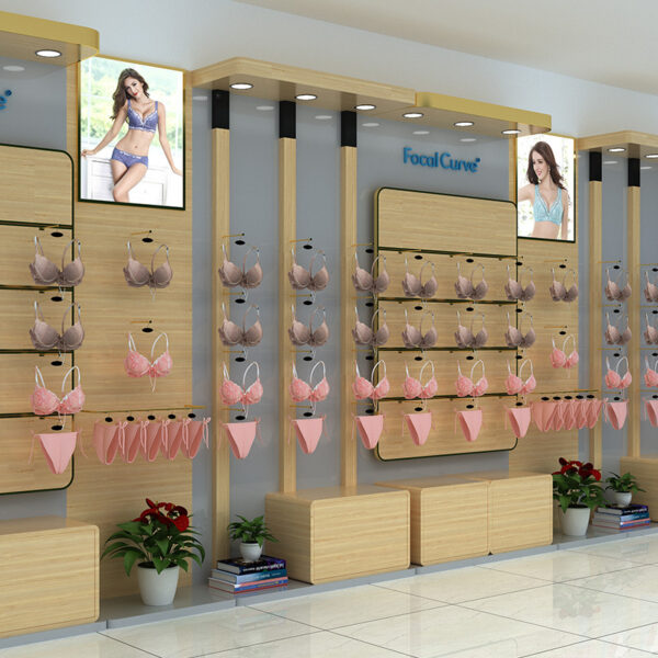 Underwear & Bra Display Cabinet with Curved Design Original Wood Color Baking Finish for Exhibition Shops and Clothing Stores