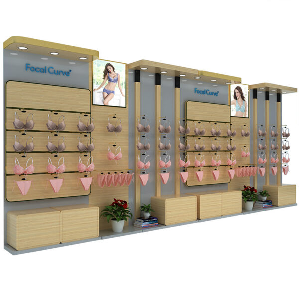 Underwear & Bra Display Cabinet with Curved Design Original Wood Color Baking Finish for Exhibition Shops and Clothing Stores