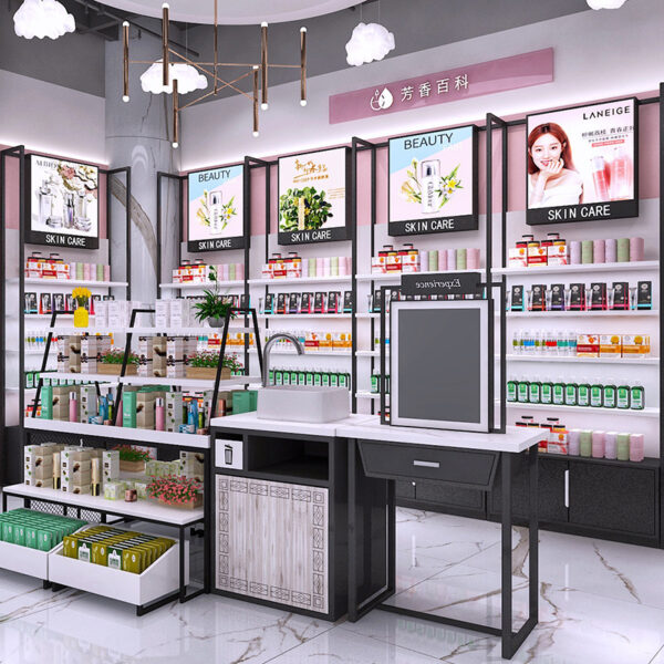 Shop Design Custom Metal Baking Paint Display Cabinet Display Rack for Shopping Mall Cosmetics Makeup & Skin Care Products