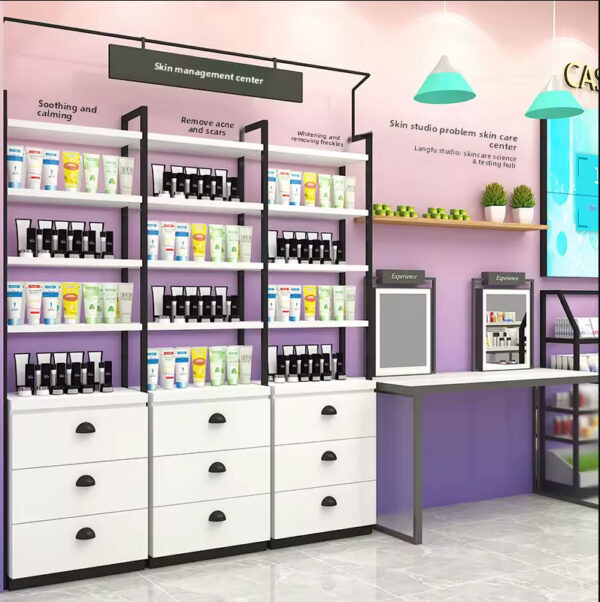 Shop Design Custom Metal Baking Paint Display Cabinet Display Rack for Shopping Mall Cosmetics Makeup & Skin Care Products