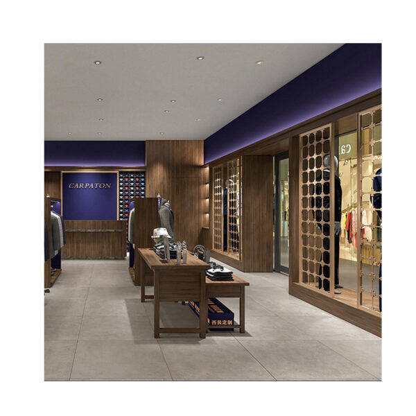 Custom Eco-Friendly for Vintage Men's Clothing Display Cabinet Shelves Pants Rack Wooden Exhibition Booth Whole Shop Design