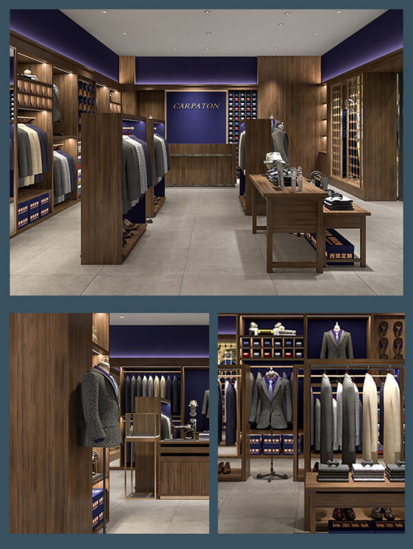 Custom Eco-Friendly for Vintage Men's Clothing Display Cabinet Shelves Pants Rack Wooden Exhibition Booth Whole Shop Design