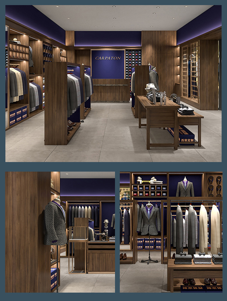 Custom Eco-Friendly for Vintage Men's Clothing Display Cabinet Shelves Pants Rack Wooden Exhibition Booth Whole Shop Design