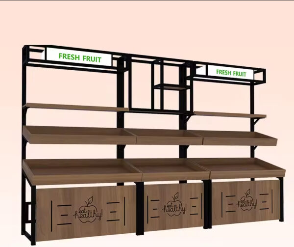 Fruit Shop Display Rack Wooden Fruit Shelf Steel Wood Double-layer Single-sided Fresh Supermarket Display Cabinet Manufacturer
