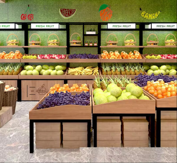 Fruit Shop Display Rack Wooden Fruit Shelf Steel Wood Double-layer Single-sided Fresh Supermarket Display Cabinet Manufacturer