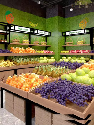 Fruit Shop Display Rack Wooden Fruit Shelf Steel Wood Double-layer Single-sided Fresh Supermarket Display Cabinet Manufacturer