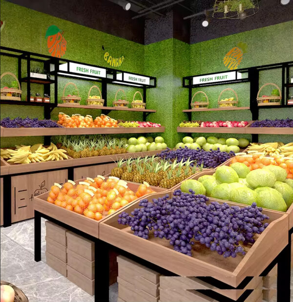 Fruit Shop Display Rack Wooden Fruit Shelf Steel Wood Double-layer Single-sided Fresh Supermarket Display Cabinet Manufacturer