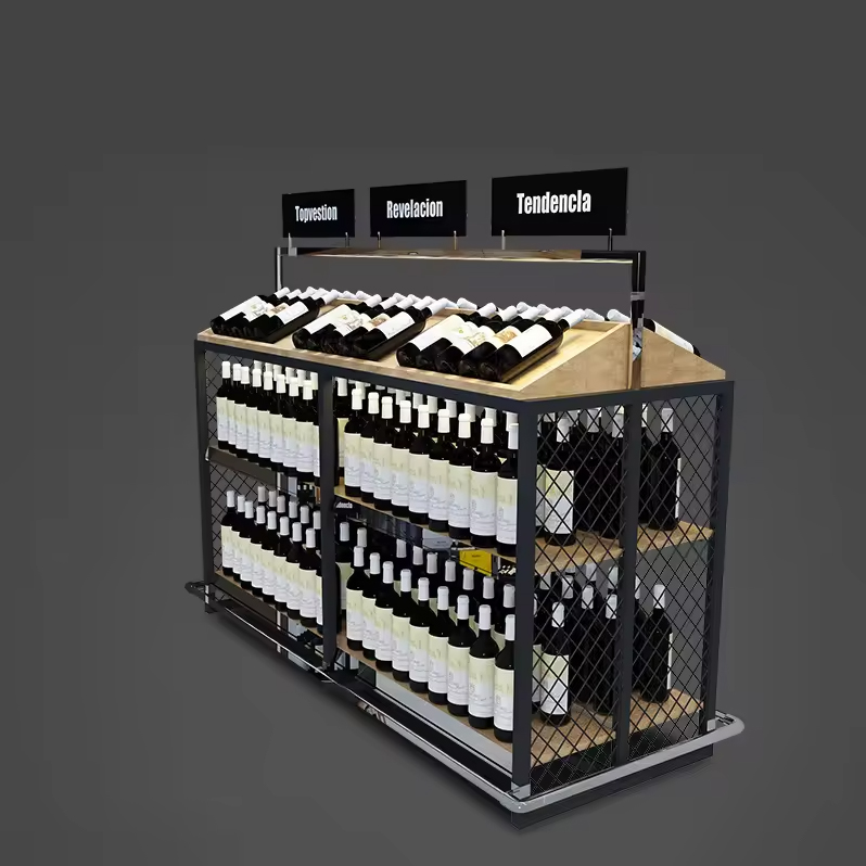 Custom Red Wine Display Shelf Supermarket High-grade Wine Shelf Famous Steel and Wood Display Cabinet