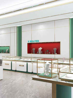 Shopping Mall High-end White Tempered Glass Jewelry Display Cabinet with Baking Paint Finish Storage Shelf