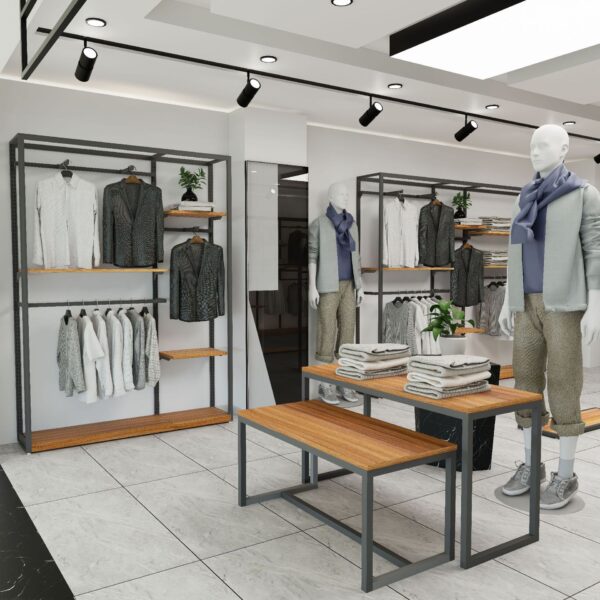 HongMing Display Modern Men's Clothing Store Display Rack Iron Tiered Shelf Reinforced Adjustable Height Freestanding Easy