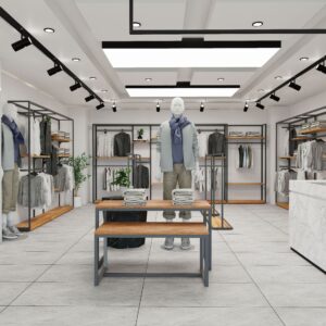 HongMing Display Modern Men's Clothing Store Display Rack Iron Tiered Shelf Reinforced Adjustable Height Freestanding Easy