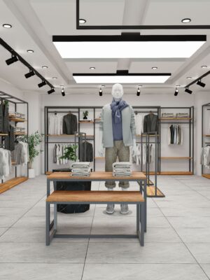 HongMing Display Modern Men's Clothing Store Display Rack Iron Tiered Shelf Reinforced Adjustable Height Freestanding Easy