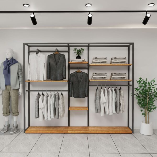 HongMing Display Modern Men's Clothing Store Display Rack Iron Tiered Shelf Reinforced Adjustable Height Freestanding Easy