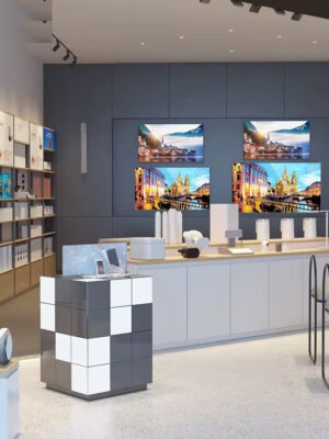 Modern Whole Store Design Mobile Phone & Accessories Display Cabinet with Wood Shelves- & Eco-Friendly